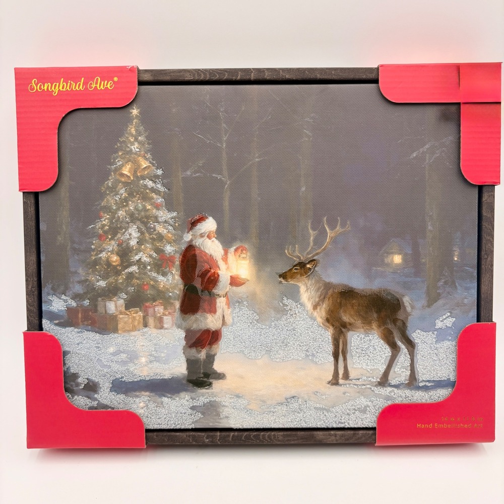 Songbird Ave Santa & Reindeer Hand Embellished Framed Canvas Art 14x11 Christmas